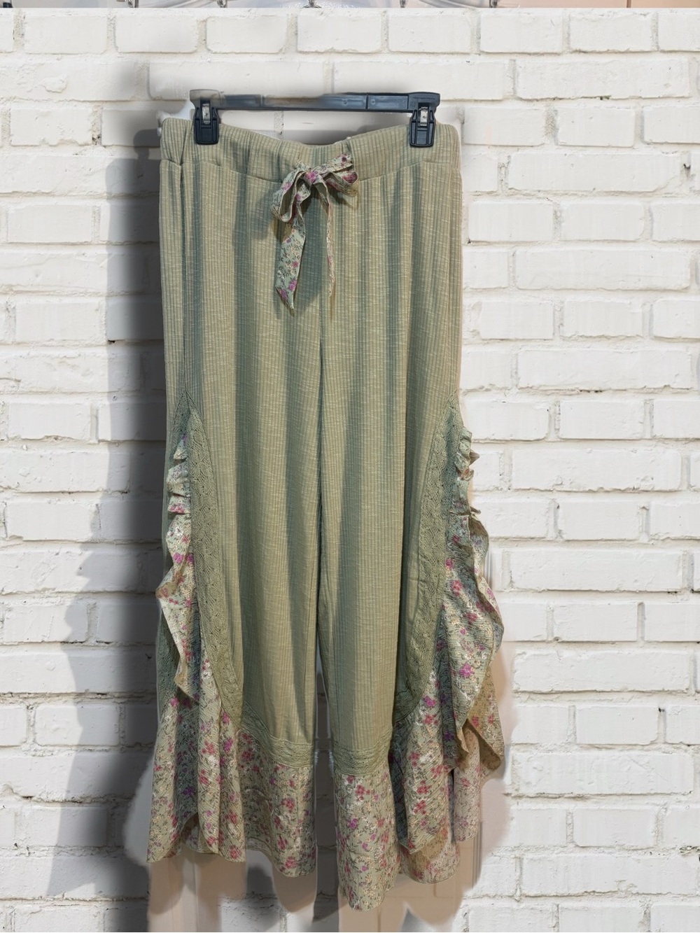 POL Olive Green Wide-Leg Pants with Floral Ruffle Trim